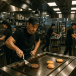 Vue immersive sur une cuisine de fast-food moderne et high-tech en pleine effervescence, équipements en inox et personnel concentré.