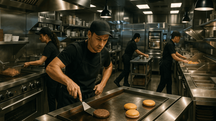 Vue immersive sur une cuisine de fast-food moderne et high-tech en pleine effervescence, équipements en inox et personnel concentré.