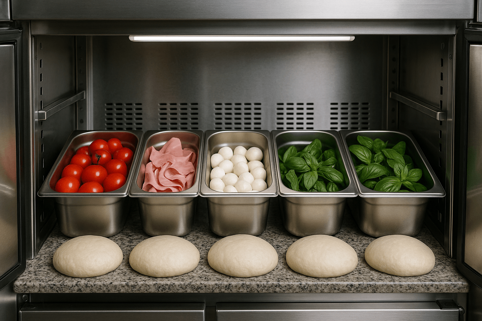 Intérieur d’un frigo professionnel de pizzeria avec bacs d’ingrédients frais bien rangés