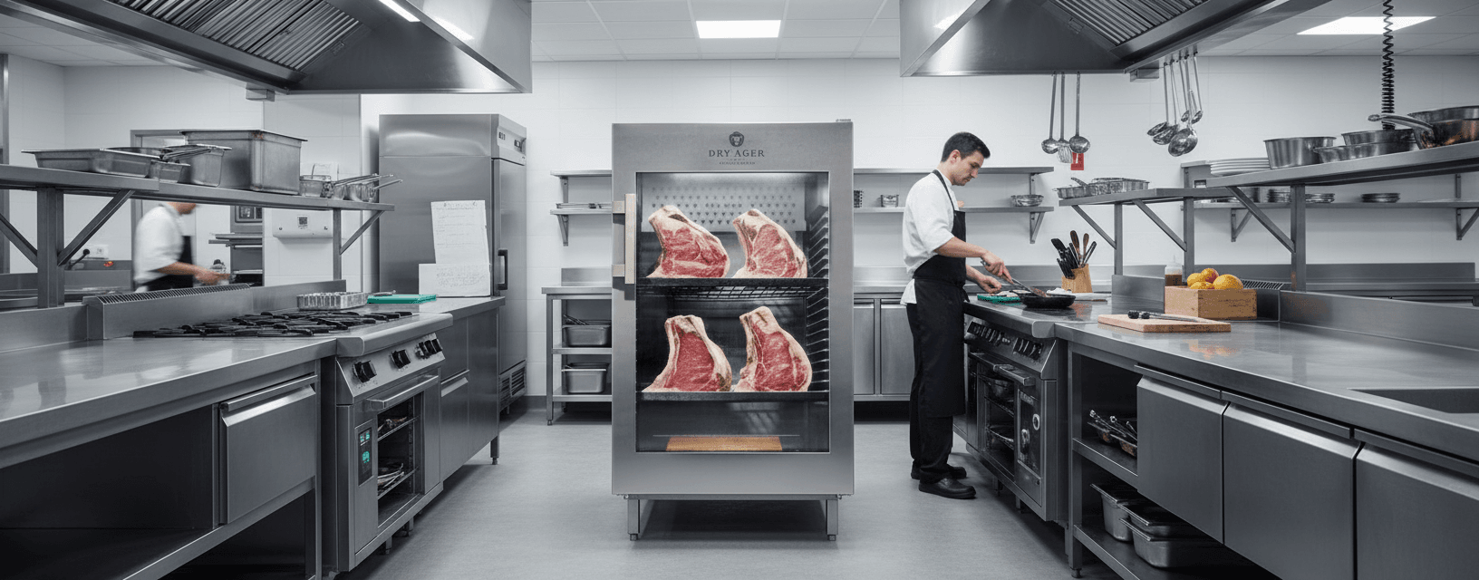 Armoire de maturation Dry Ager DX0500 Premium S posée sur un plan de travail, éclairage studio, grandes pièces de viande apparentes.