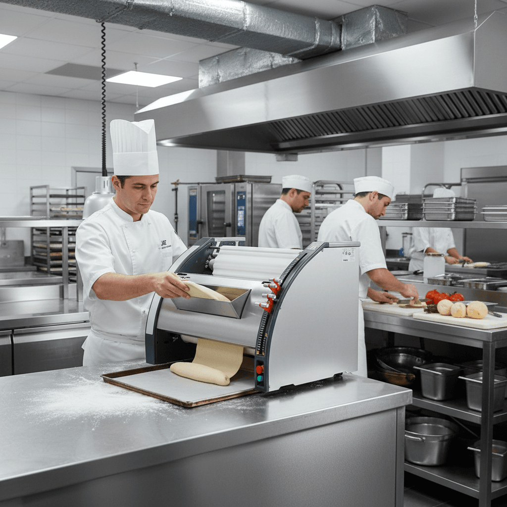 Façonneuse boulangerie JAC UNIC en action dans un atelier moderne, avec un boulanger concentré