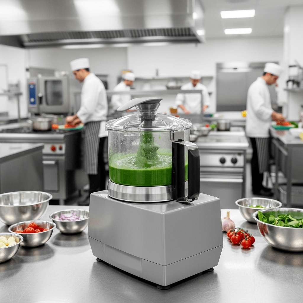 Le Robot Coupe Blixer 2 en action sur un plan de travail professionnel, ingr&eacute;dients frais autour, chef int&eacute;ress&eacute; en arri&egrave;re-plan.