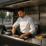 Food-truck nouvelle génération équipé, chef au travail, matériel professionnel inox en action