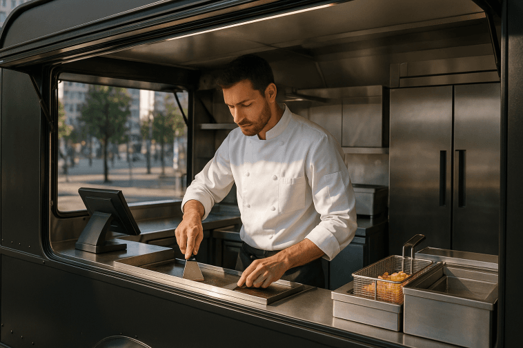 Food-truck nouvelle génération équipé, chef au travail, matériel professionnel inox en action