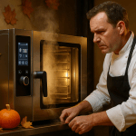 Four mixte professionnel de dernière génération en cuisine, chef en pleine préparation de plats automnaux, ambiance chaleureuse.