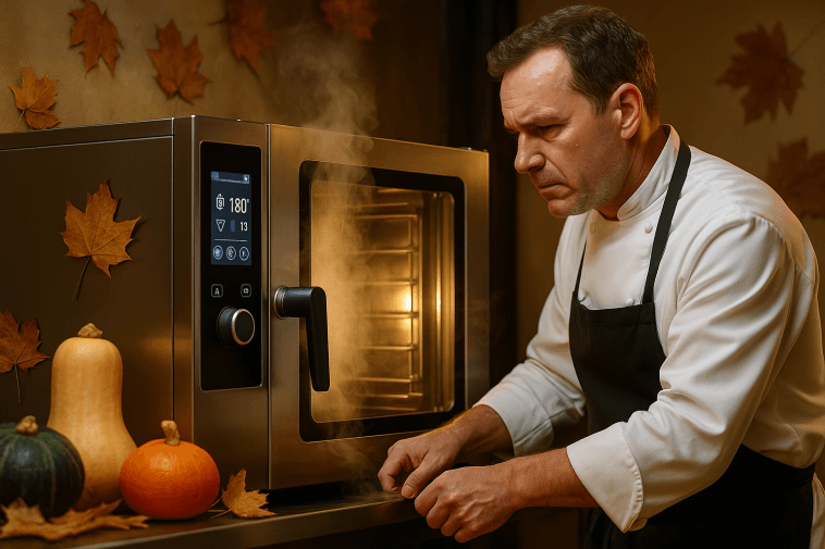 Four mixte professionnel de dernière génération en cuisine, chef en pleine préparation de plats automnaux, ambiance chaleureuse.