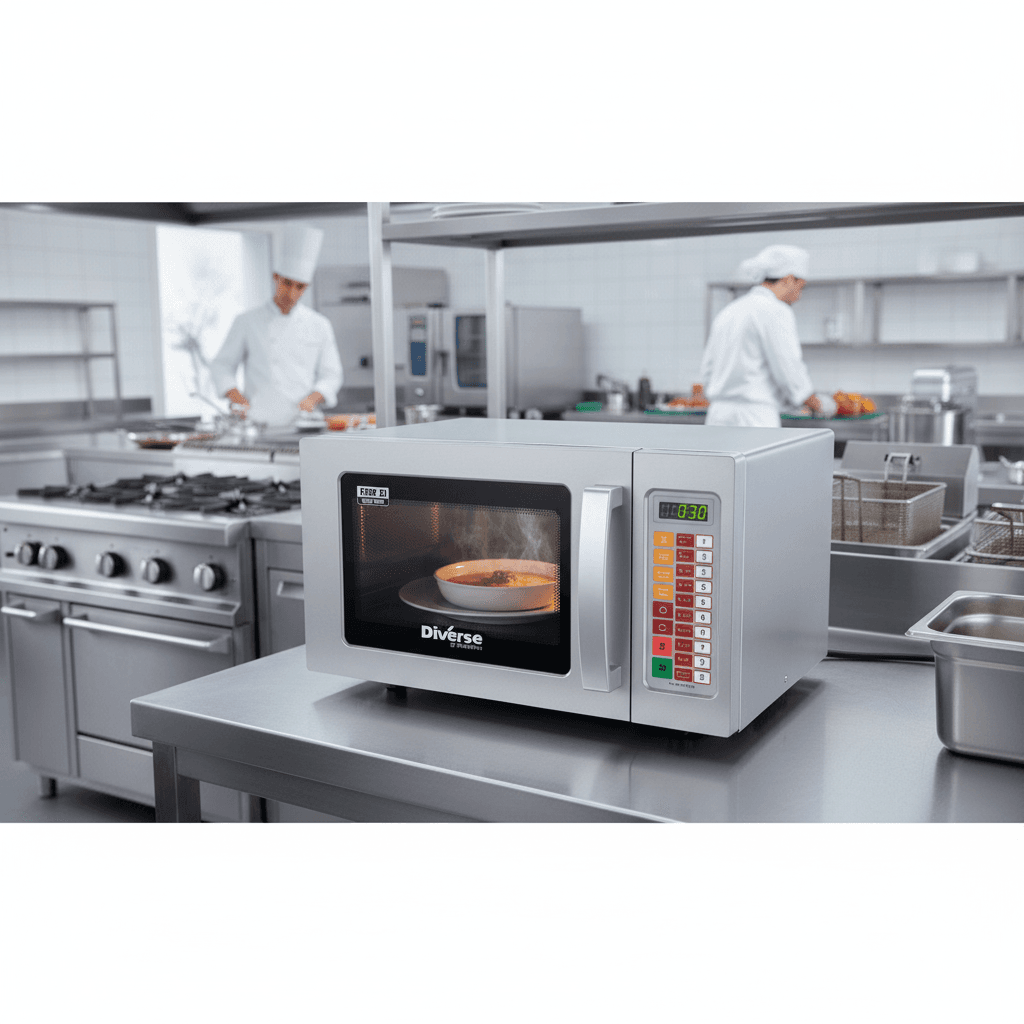 Chef professionnel ouvrant un four micro-ondes en inox WR-2510-DE dans une cuisine moderne et lumineuse