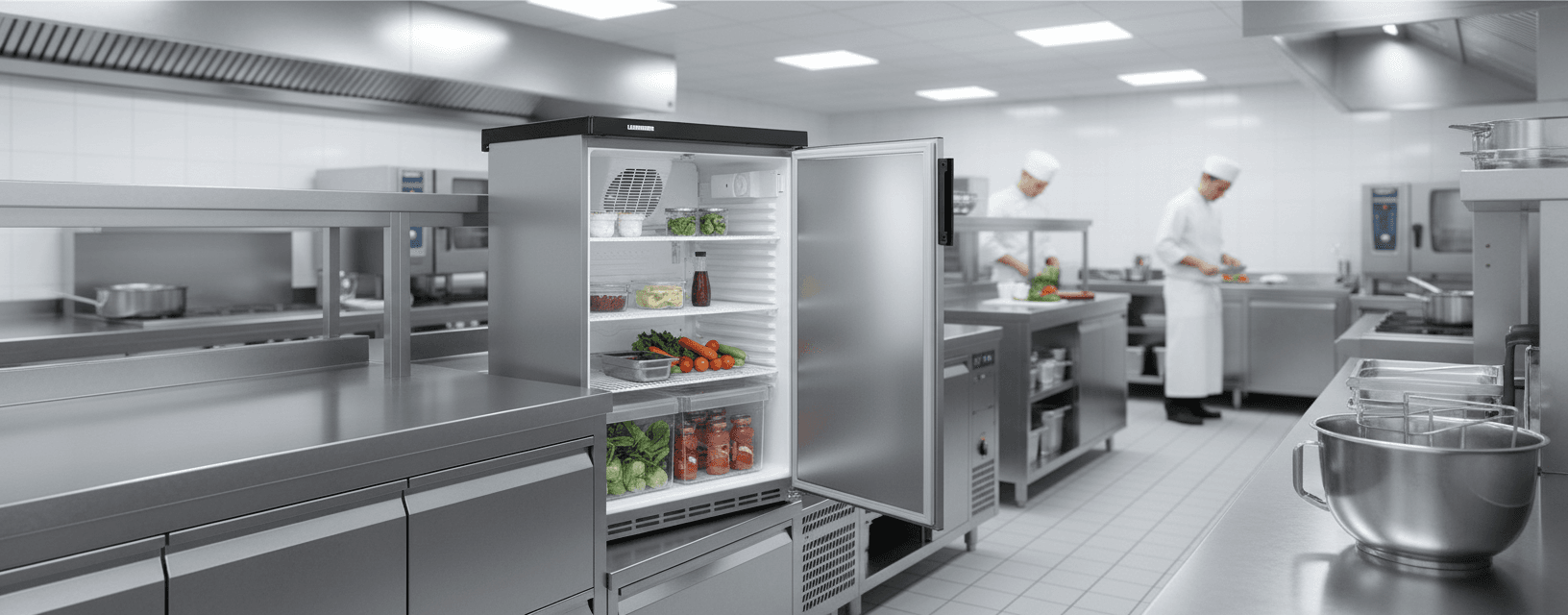 Réfrigérateur professionnel Liebherr FKvesf 1805-20 ouvert dans un bar moderne avec serveur.