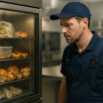 Frigo professionnel en panne avec aliments détériorés et technicien inspectant, cuisine pro moderne