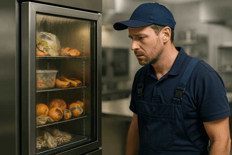 Frigo professionnel en panne avec aliments détériorés et technicien inspectant, cuisine pro moderne