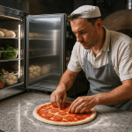 Cuisine de pizzeria haut de gamme avec frigo professionnel ouvert et pizzaiolo en action