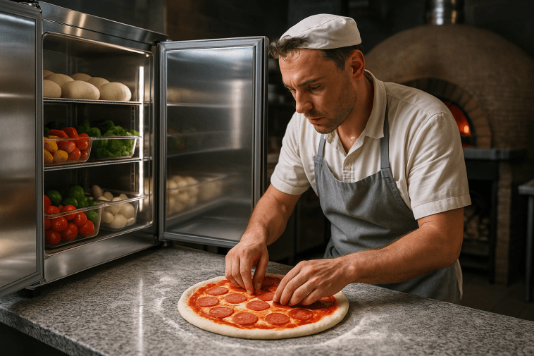 Cuisine de pizzeria haut de gamme avec frigo professionnel ouvert et pizzaiolo en action