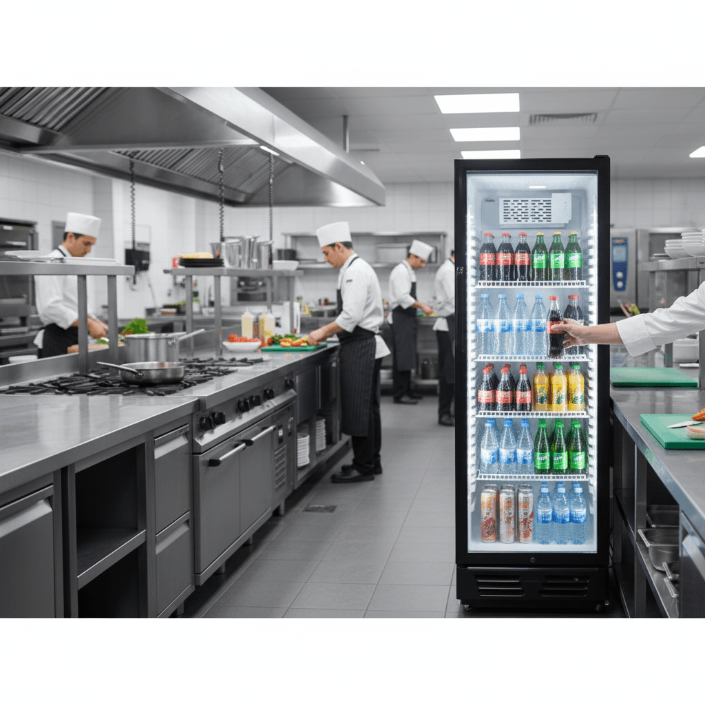 Frigo vitrine à boissons 380 litres SC-380C en supérette, rempli de canettes et bouteilles fraîchement ordonnées.