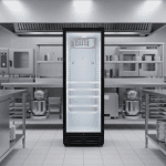 Frigo vitrine à boissons 380 litres SC-380C en supérette, rempli de canettes et bouteilles fraîchement ordonnées.