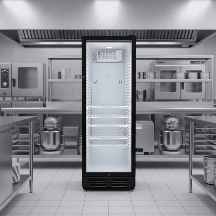 Frigo vitrine à boissons 380 litres SC-380C en supérette, rempli de canettes et bouteilles fraîchement ordonnées.