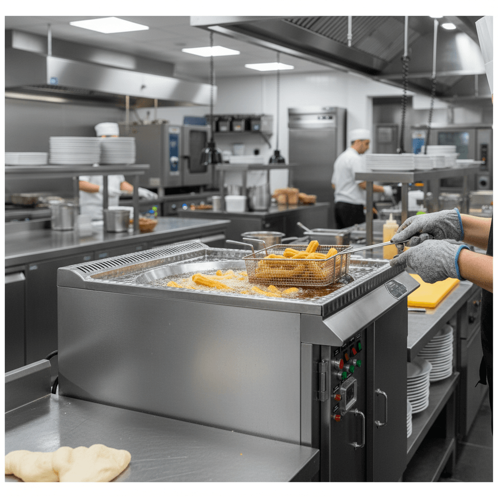 Friteuse à churros professionnelle INBLAN 2505 en fonctionnement sur stand de fête foraine, gros plan sur cuve inox et churros dorés.