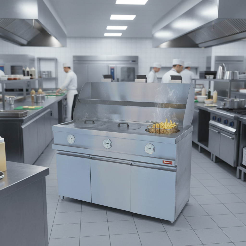 Chef professionnel manipulant une friteuse gaz Diamond MIKA 3-MC dans une cuisine moderne, focus sur l&rsquo;action et l&rsquo;inox bross&eacute;.