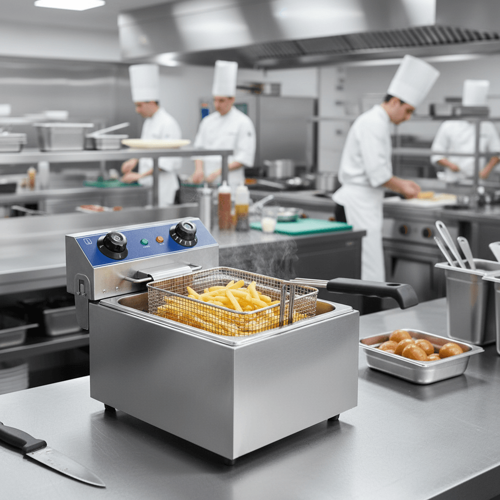 Friteuse électrique professionnelle 10 litres en cuisine, chef tenant le panier de frites croustillantes