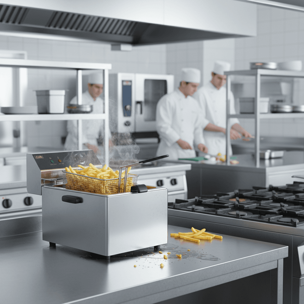 Friteuse électrique professionnelle 11L en inox avec chef en arrière-plan dans cuisine professionnelle