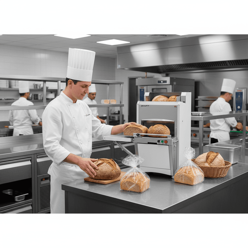 Trancheuse à pains JAC Swift 450 puissante et moderne en pleine boulangerie professionnelle