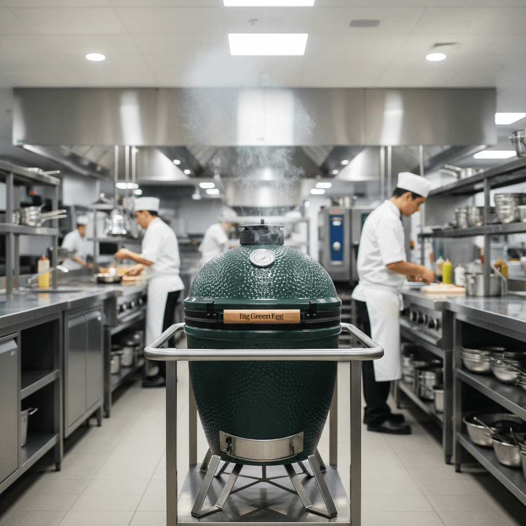 Barbecue Kamado Big Green Egg sur terrasse moderne avec fumée et lumière dorée