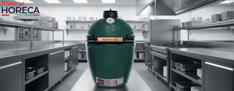 Barbecue Kamado Big Green Egg sur terrasse moderne avec fumée et lumière dorée