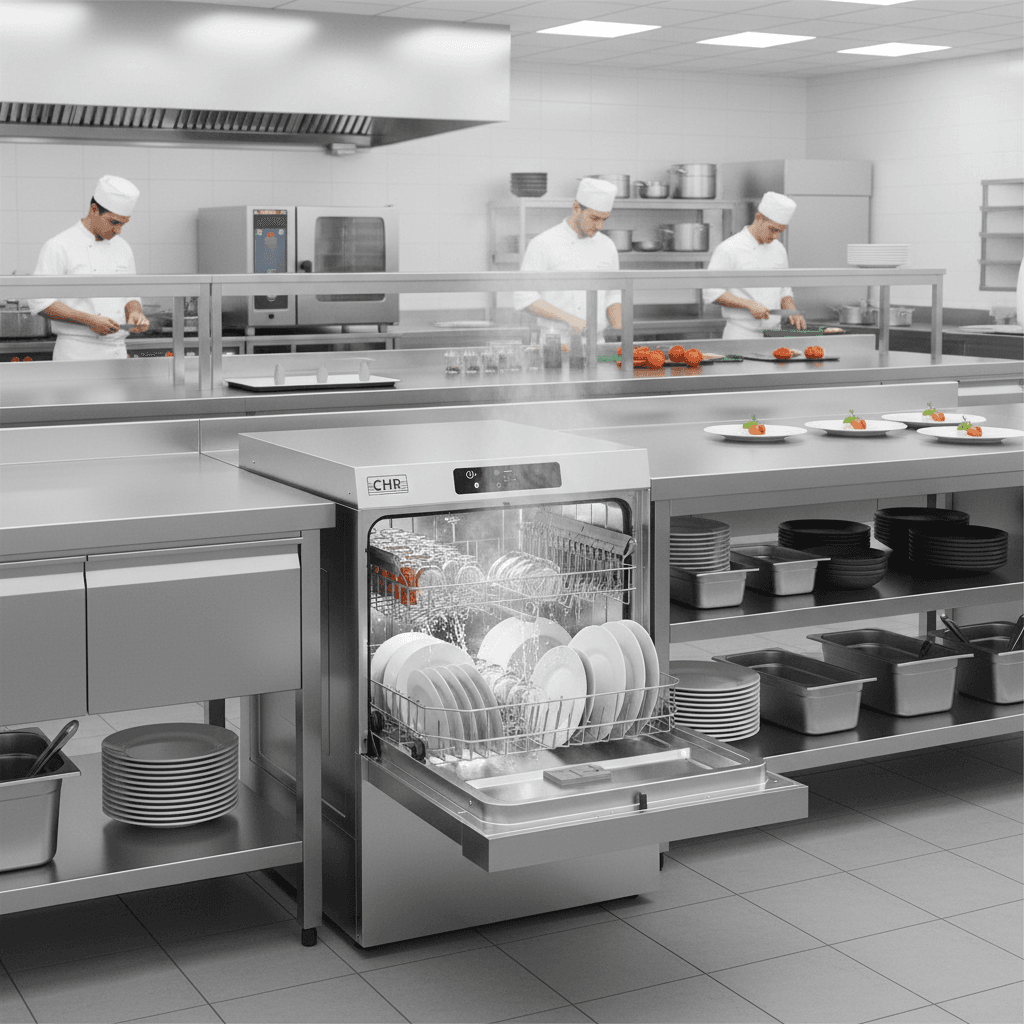 Lave-vaisselle professionnel Oby50-2-PV en cuisine de restaurant, porte ouverte et paniers remplis