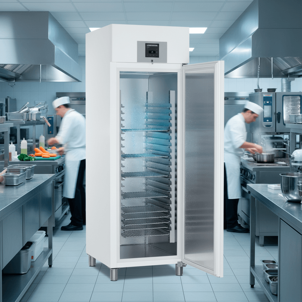Armoire réfrigérée professionnelle ouverte dans une cuisine de chef, produits frais visibles, ambiance studio ultra réaliste.