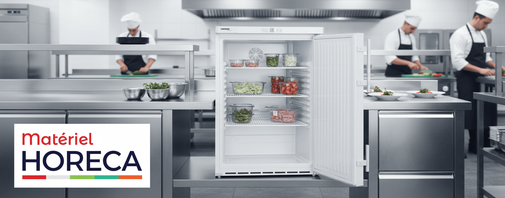 Armoire réfrigérée Liebherr FKUv 1610 ouverte sous plan de travail dans cuisine pro, boissons et ingrédients frais visibles, ambiance pro et nette.
