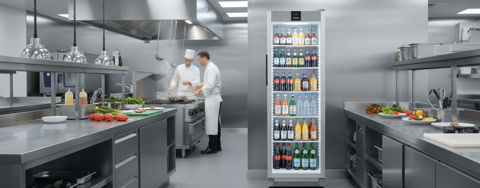Réfrigérateur à bouteilles Liebherr MRFVD 4011 en plein service professionnel dans un bar moderne, bouteilles éclairées et condensation visible sur la porte vitrée.
