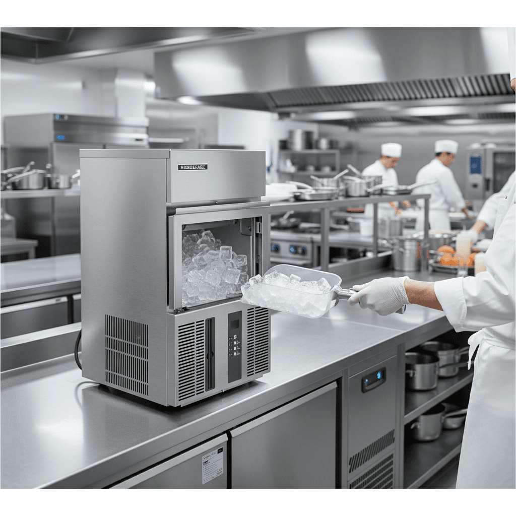 Machine &agrave; gla&ccedil;ons professionnelle Hoshizaki IM21CPE-HC en gros plan avec main de chef cueillant un cube de glace, ambiance bar haut-de-gamme