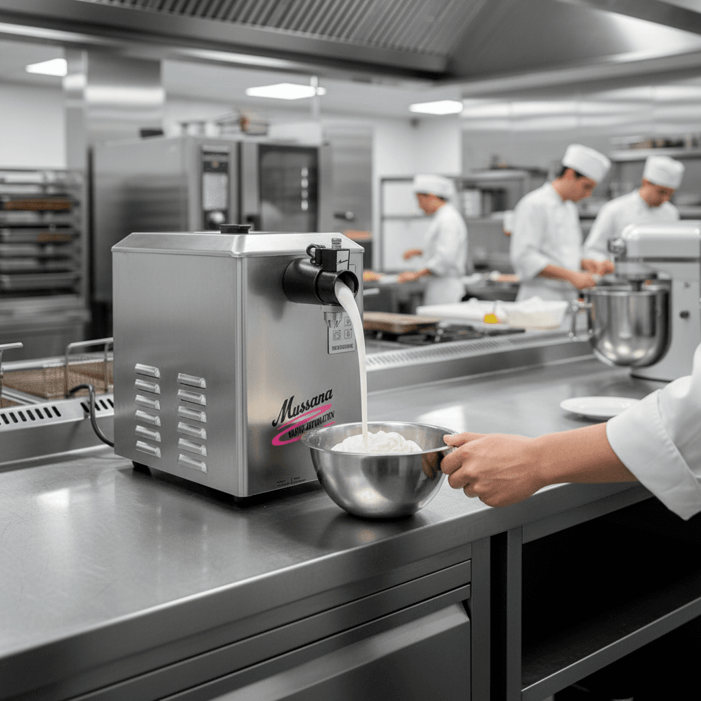Machine à chantilly Lady Microtronic Mussana 6 litres sur plan de travail professionnel avec ambiance animée de cuisine