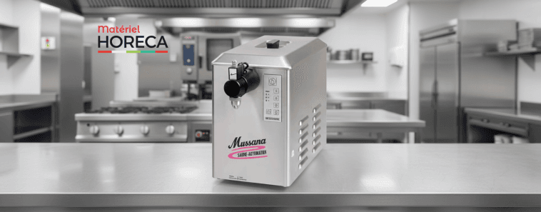 Machine à chantilly Lady Microtronic Mussana 6 litres sur plan de travail professionnel avec ambiance animée de cuisine