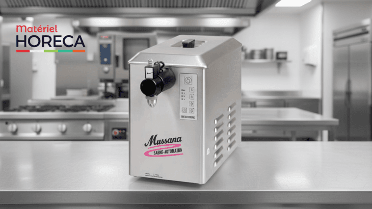 Machine à chantilly Lady Microtronic Mussana 6 litres sur plan de travail professionnel avec ambiance animée de cuisine