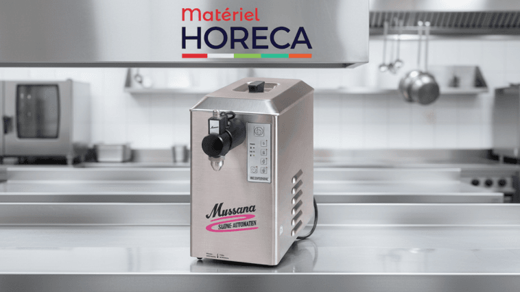 Machine à chantilly Pony Minitronic Mussana déposant une crème fraîche et onctueuse dans une coupe en cuisine professionnelle