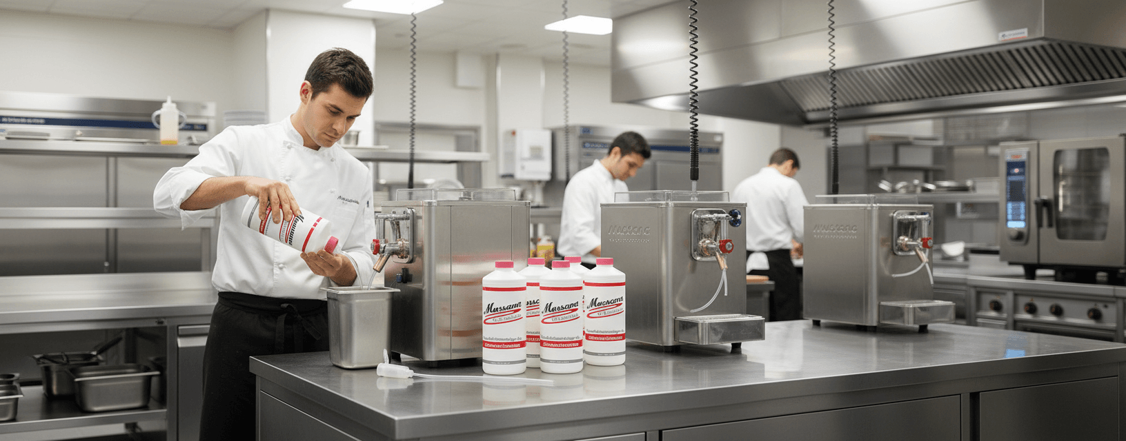Flacon professionnel de Microclean Mussana sur plan de travail inox en restaurant avec vaisselle à chantilly