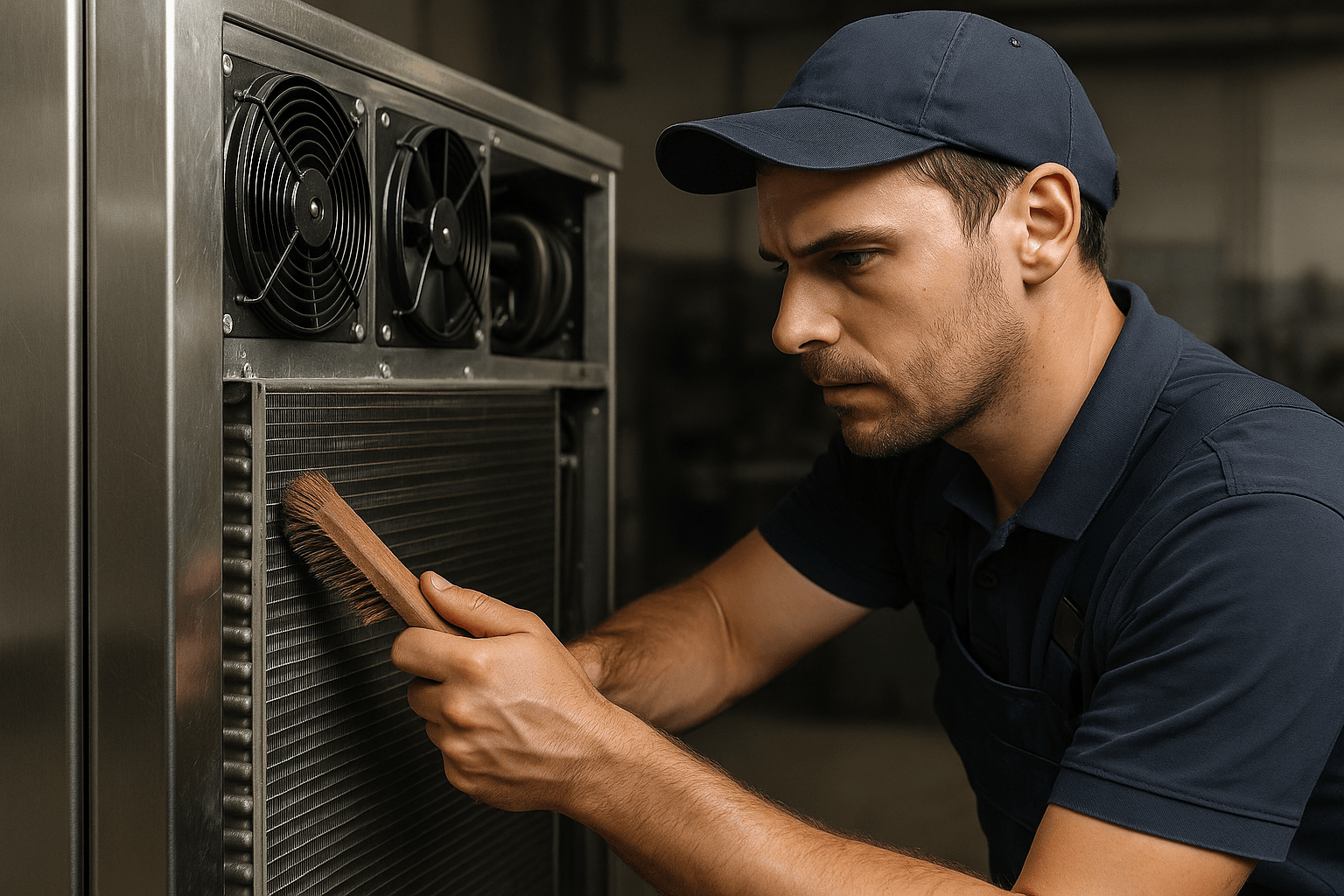 Technicien nettoyant les serpentins d’un frigo professionnel en inox, arrière-plan atelier technique