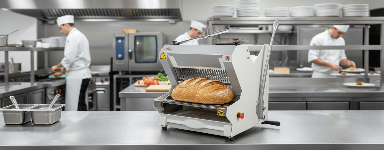 Trancheuse à pain Pico 450 Jac en action dans une boulangerie moderne, plan serré sur la lame et le pain.