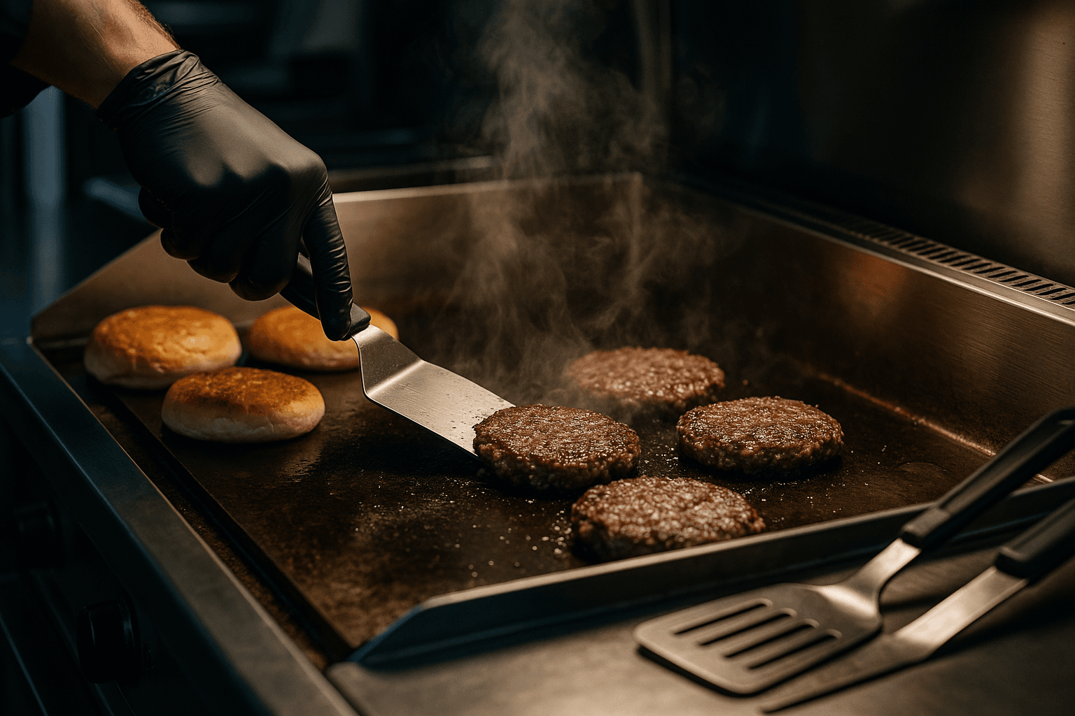 Gros plan plancha professionnelle food-truck, burgers en cuisson, ustensiles, vapeur réaliste