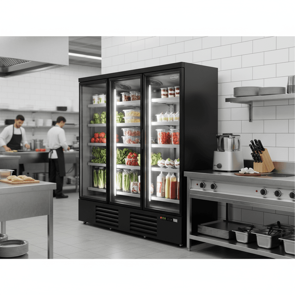 Réfrigérateur 3 portes vitrées noir ouvert dans un restaurant moderne, rempli de boissons et desserts exposés sous éclairage LED