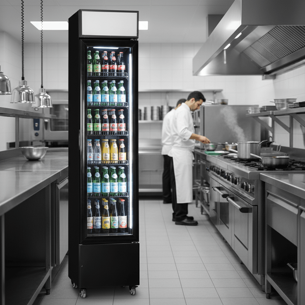 Professionnel CHR ouvrant un réfrigérateur de boissons SD220C full black dans un bar moderne sombre, lumière LED sur les bouteilles.