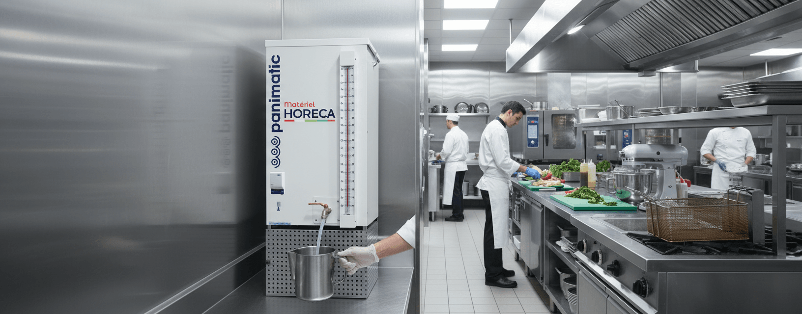 Refroidisseur d&rsquo;eau vertical Panimatic 90L dans un atelier de boulangerie moderne, &eacute;clairage professionnel, focus sur la machine.