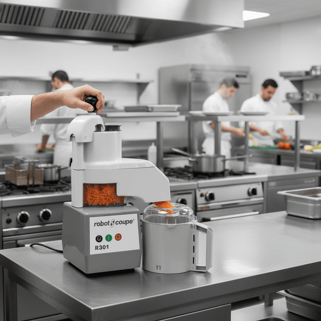 Appareil coupe-légumes Robot Coupe R 301 en cuisine professionnelle, mis en scène façon publicité haut de gamme