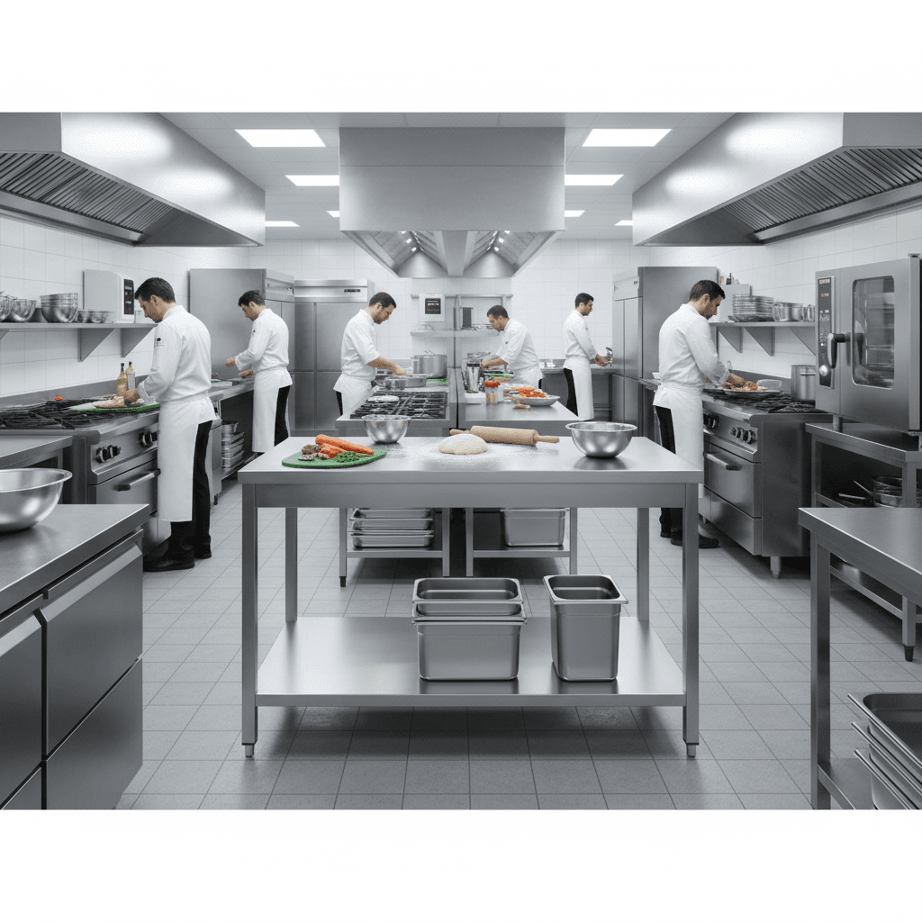 Chef en cuisine professionnelle utilisant une table inox avec sous-tablette, ambiance moderne et énergique