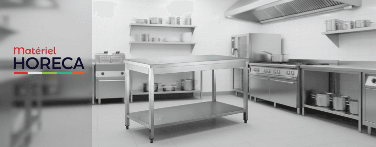 Chef en cuisine professionnelle utilisant une table inox avec sous-tablette, ambiance moderne et énergique