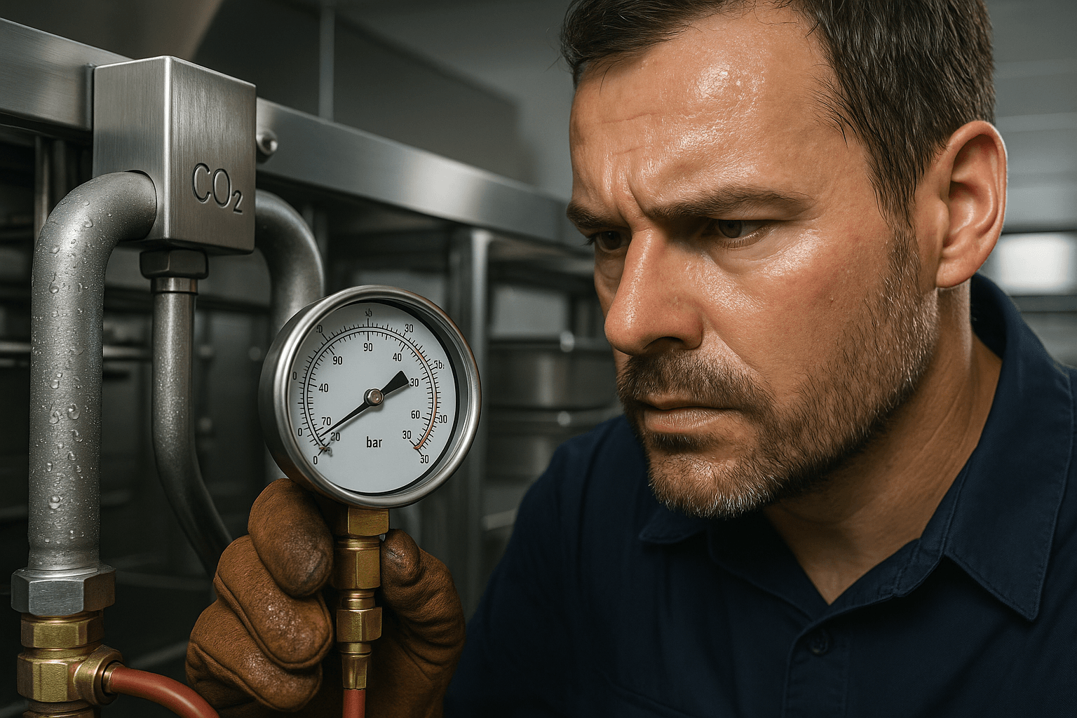 Technicien frigoriste inspectant un syst&egrave;me CO2 dans une cuisine professionnelle moderne, ultra-d&eacute;tail photor&eacute;aliste