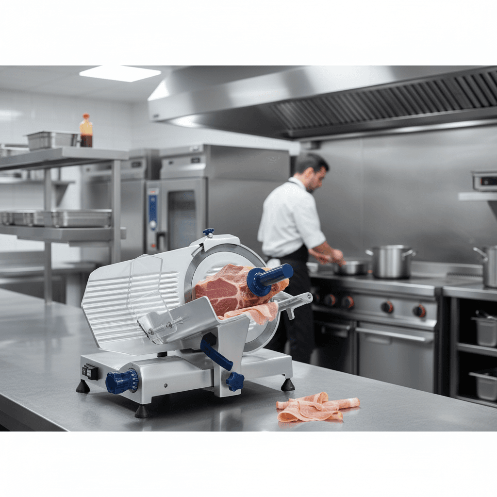 Trancheuse professionnelle Diamond 300 mm en full action sur un plan de travail inox, ambiance cuisine professionnelle électrique