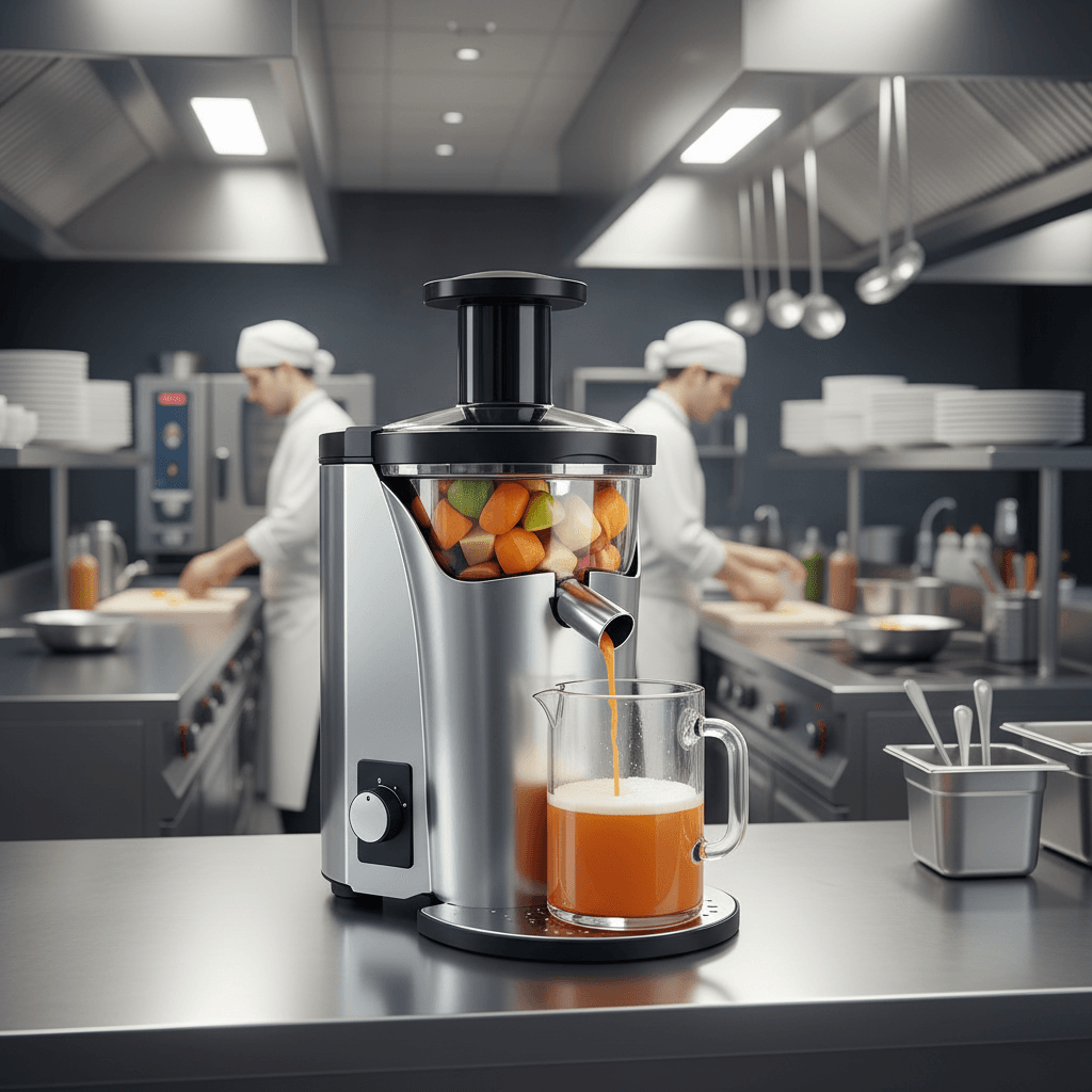 Centrifugeuse Zumex Multifruit utilisée dans un bar à jus professionnel, ambiance contemporaine, service dynamique.