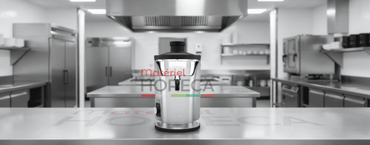 Centrifugeuse Zumex Multifruit utilisée dans un bar à jus professionnel, ambiance contemporaine, service dynamique.