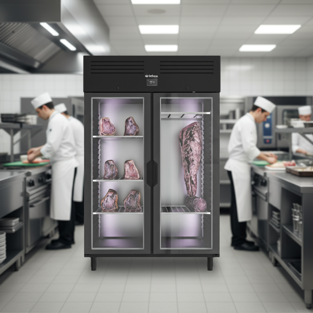 Armoire réfrigérée négative vitrée AGB 1402 en situation réelle avec chef cuisinier dans une cuisine professionnelle.